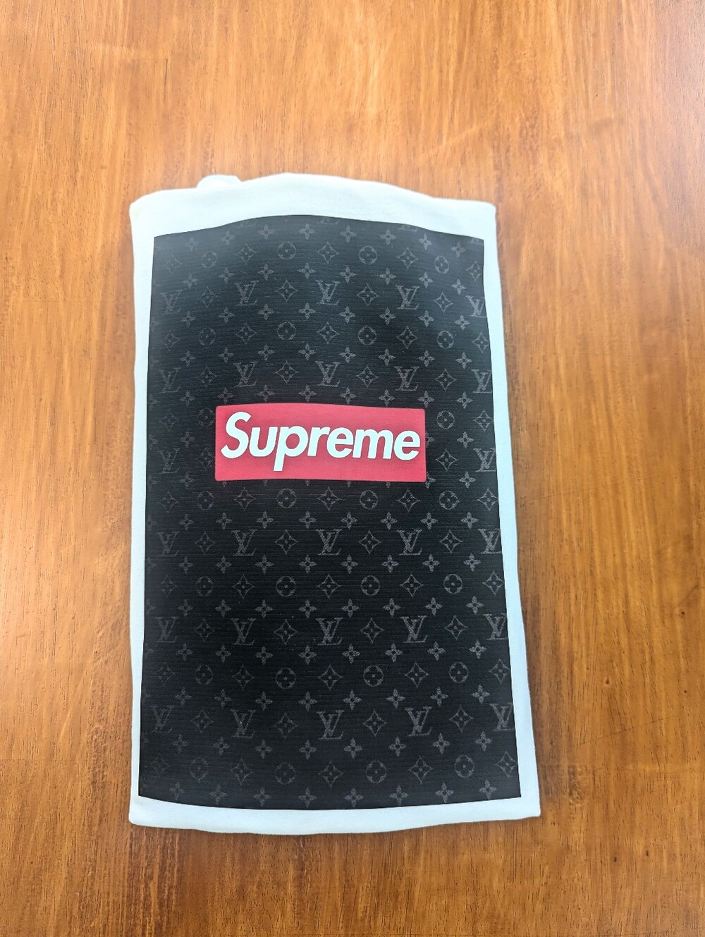 Supreme White Tee with Black Monogram Panel and Red Logo